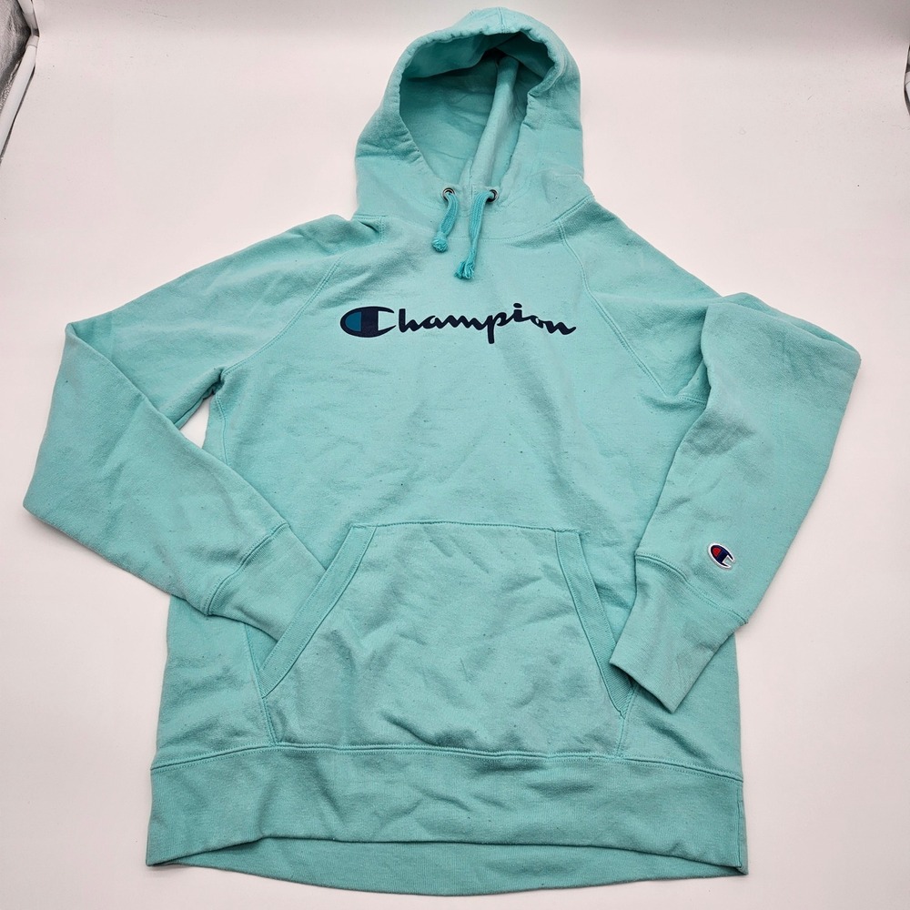 Champion Reverse‎ Weave Teal Aqua Blue Hoodie Sweatshirt Pullover Logo Size S